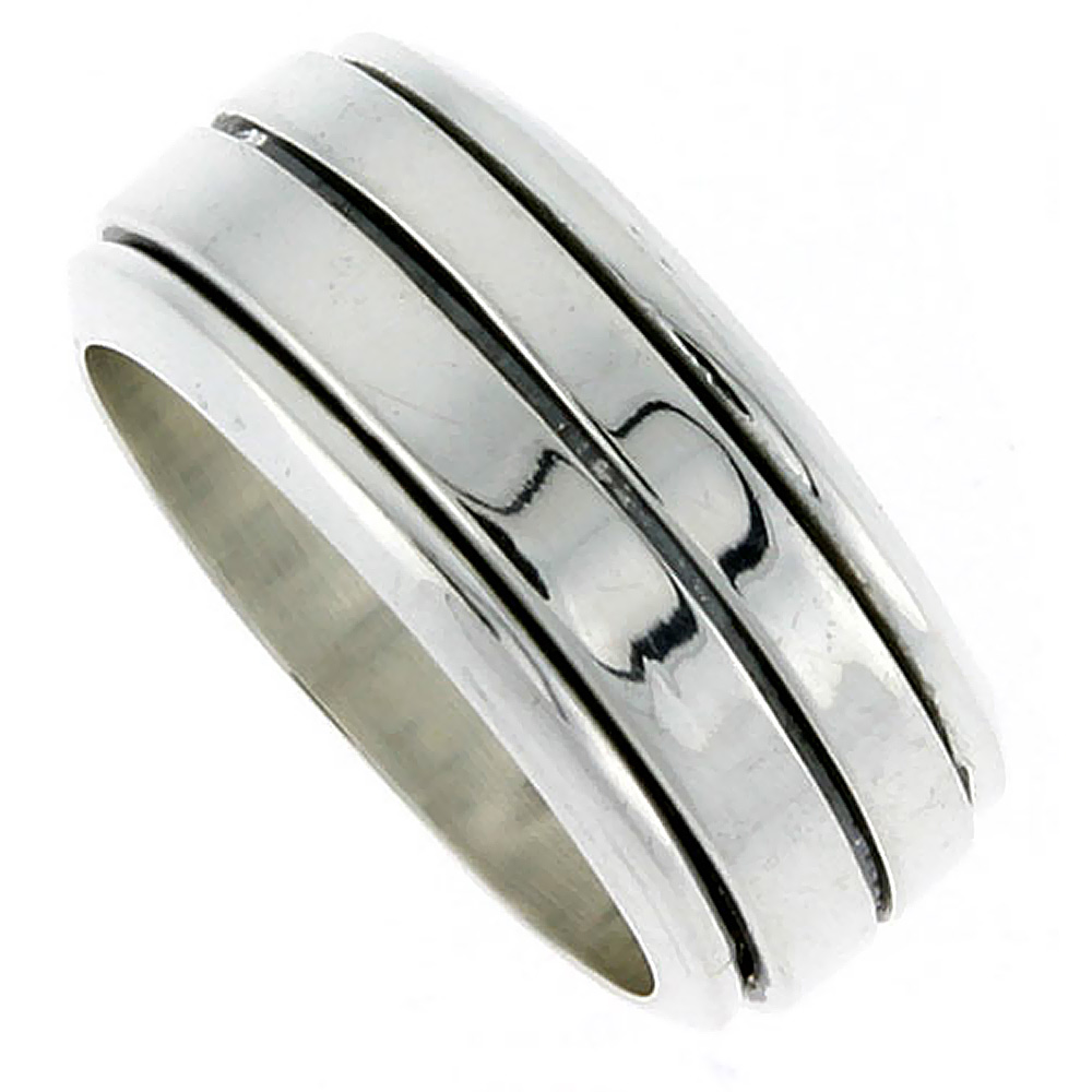 8mm Sterling Silver Mens Spinner Ring Flat Band center Groove Handmade 5/16 wide