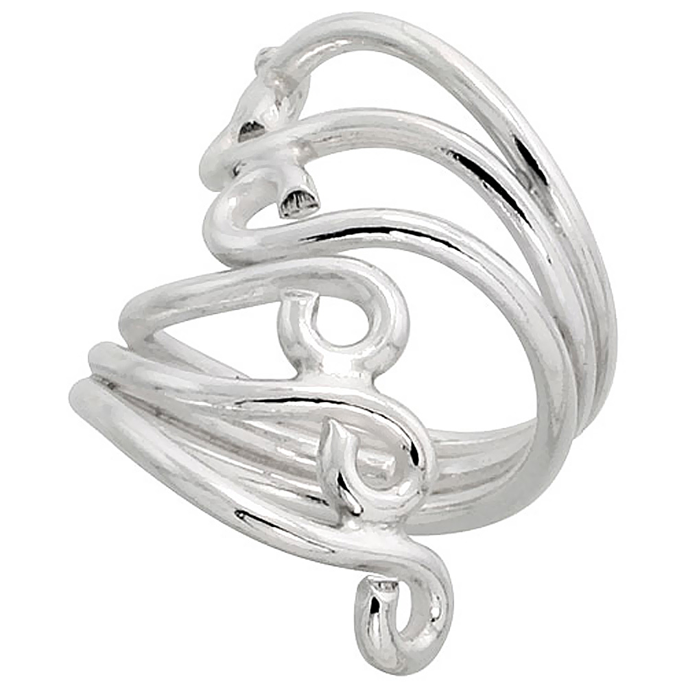 STERLING SILVER WIRE WRAP RING FOR WOMEN 3 SCROLLS BYPASS HANDMADE 1 1/4 INCH LONG SIZES 6 - 10