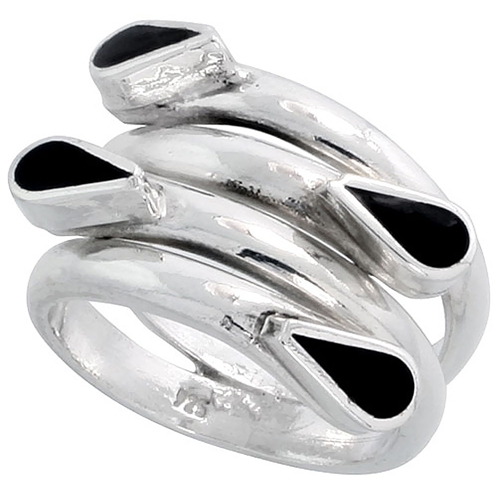 Sterling Silver Wire Wrap Ring for Women Onyx Tear Drops Bypass Handmade 5/8 inch long sizes 6 - 10