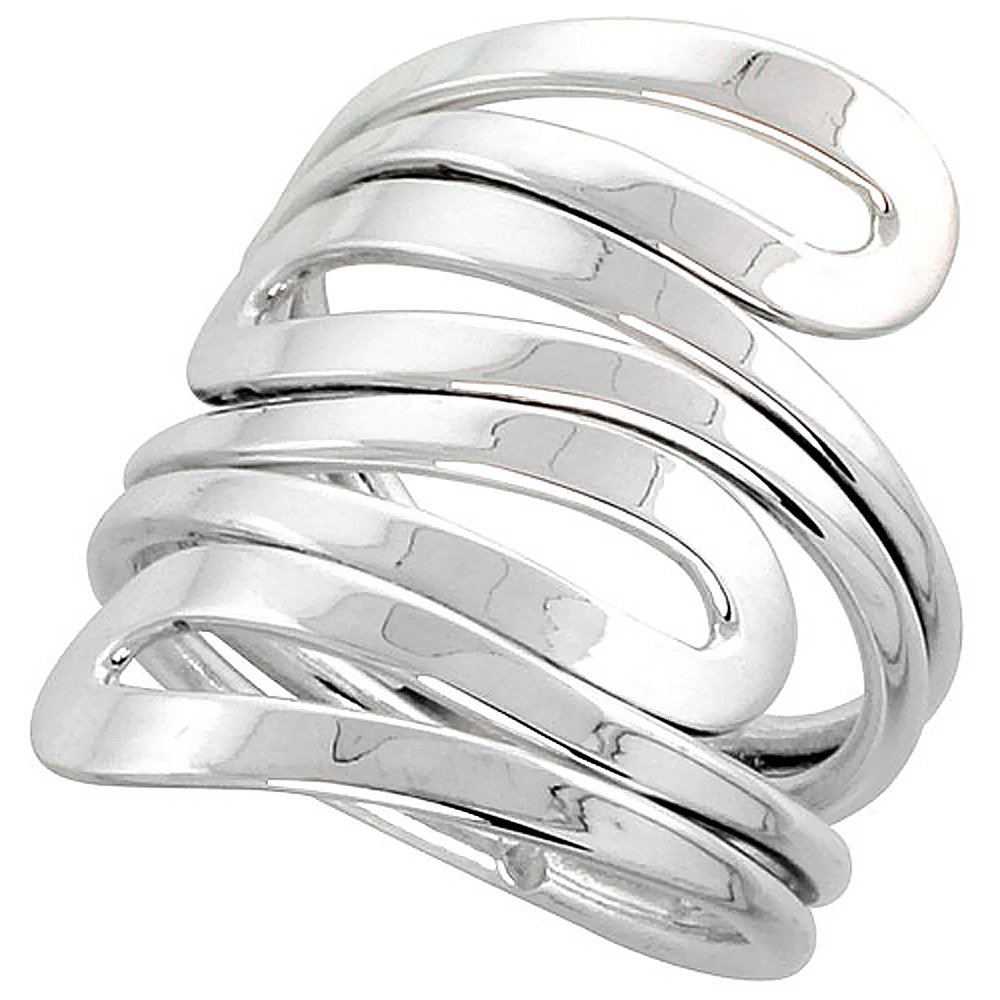 Sterling Silver Wire Wrap Ring for Women 4 Waves Bypass Handmade 1 inch long sizes 6 - 10