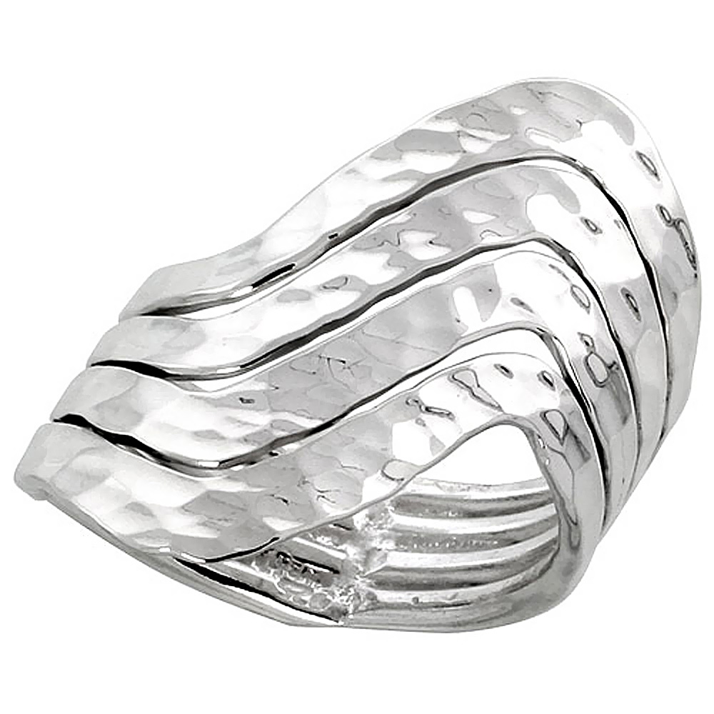 Sterling Silver Wire Wrap Ring for Women Hammered Curves Bypass Handmade 1 1/8 inch long sizes 6 - 10