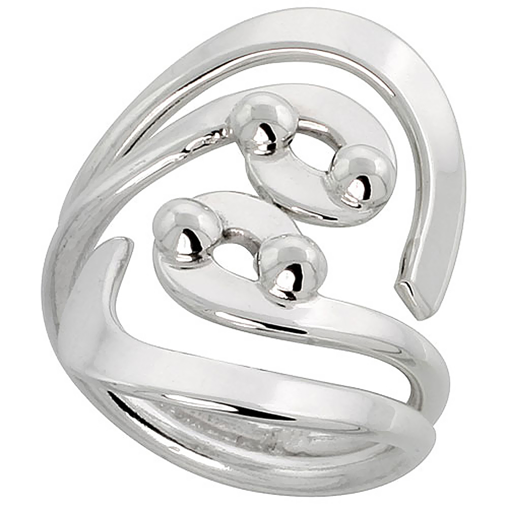 Sterling Silver Wire Wrap Ring for Women Swirls and Beads Bypass Handmade 1 1/4 inch long sizes 6 - 10
