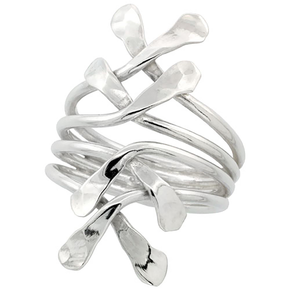 STERLING SILVER WIRE WRAP RING FOR WOMEN HAMMERED HERRINGBONE HANDMADE 1 1/4 INCH LONG SIZES 6 - 10