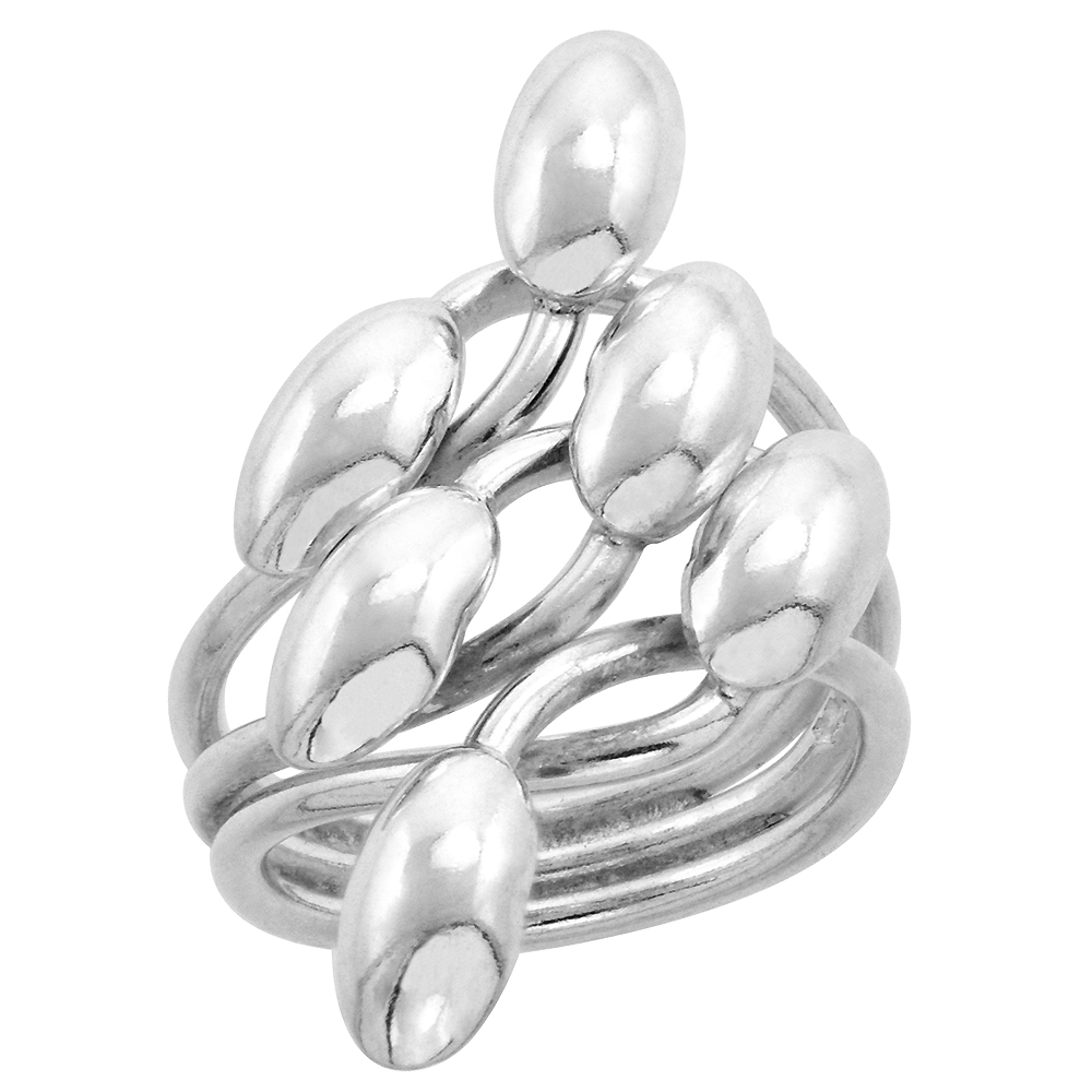 STERLING SILVER WIRE WRAP RING FOR WOMEN RICE BEADS BYPASS HANDMADE 1 1/4 INCH LONG SIZES 6 - 10