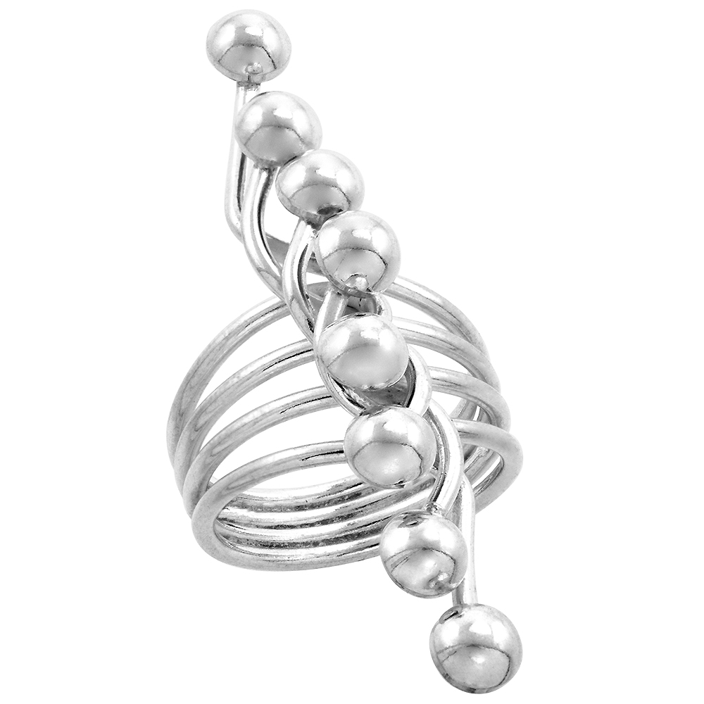 STERLING SILVER WIRE WRAP RING FOR WOMEN HANDMADE ROW OF BEADS 1 3/4 INCH LONG SIZES 6 - 10