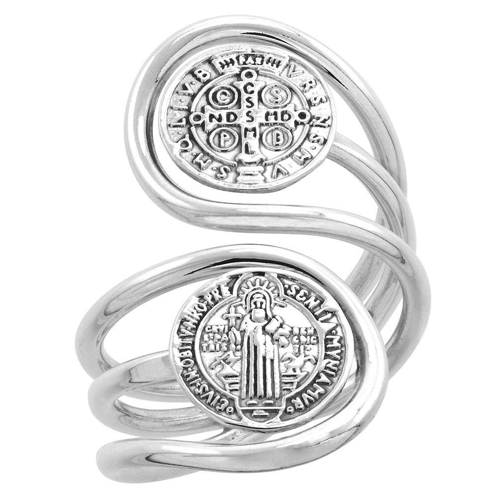 STERLING SILVER ST BENEDICT RING FOR WOMEN WIRE WRAPPED 2 MEDALS BYPASS HANDMADE 1 1/4 INCH LONG SIZES 6 - 10
