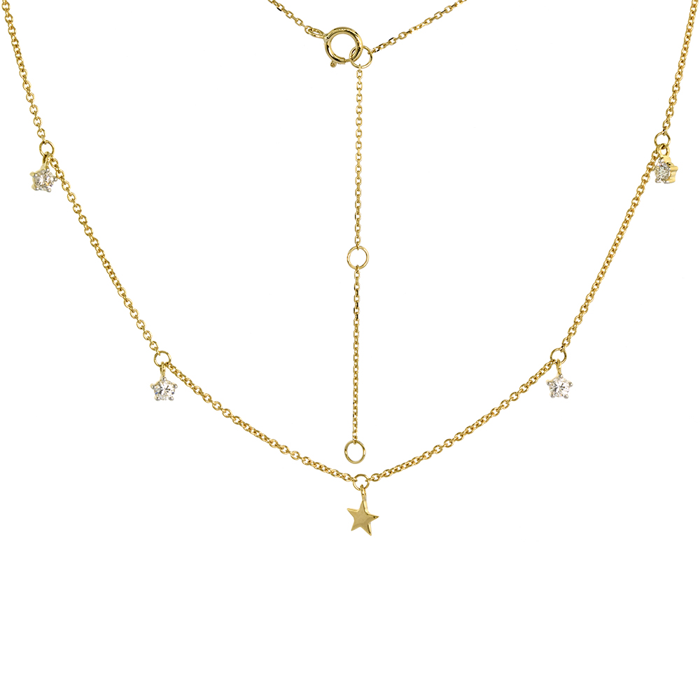Dainty 14k Yellow Gold Dangling Star Necklace Genuine Diamonds 16-18 inch
