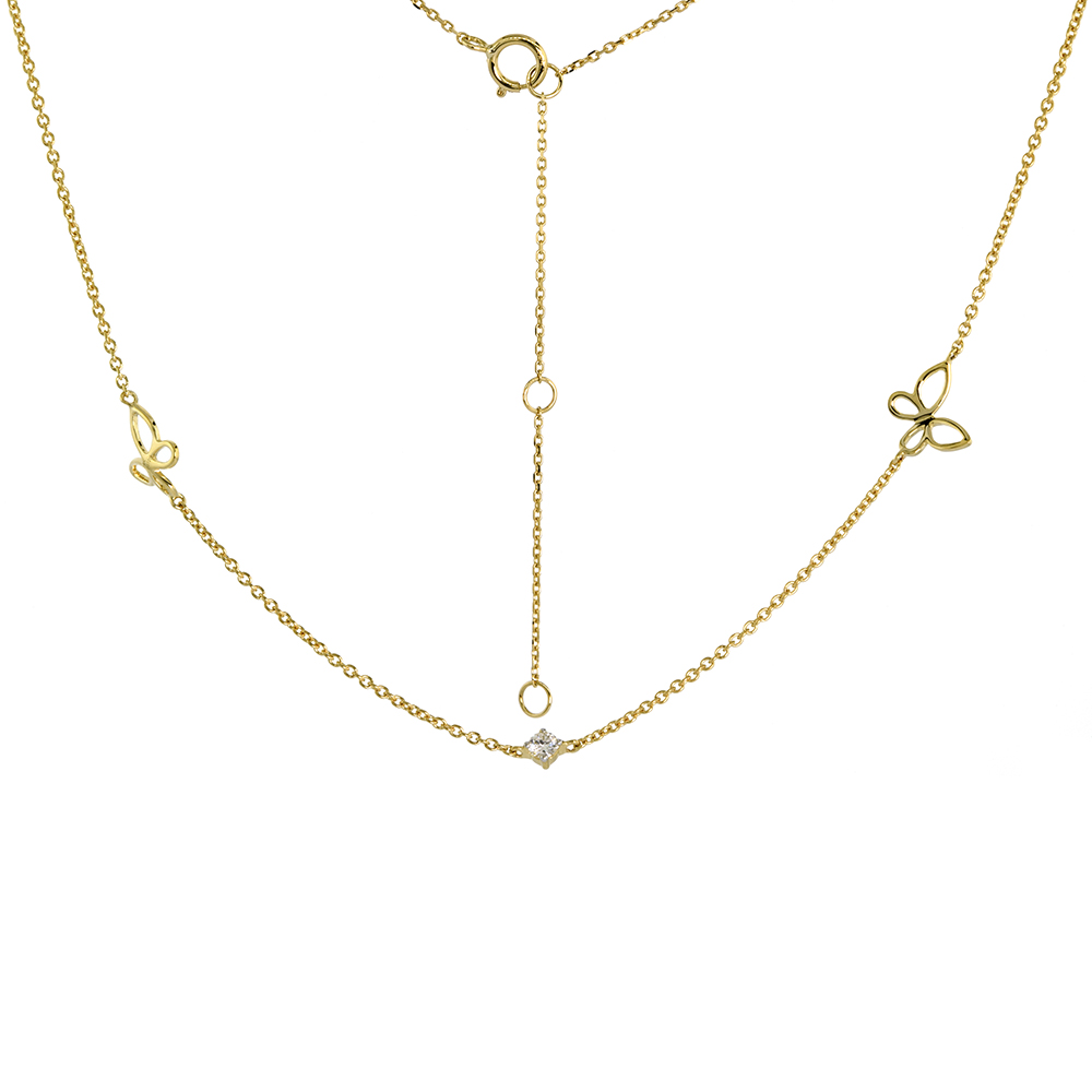 Dainty 14k Yellow Gold Genuine Diamond &amp; Butterfly Station Necklace 16-18 inch