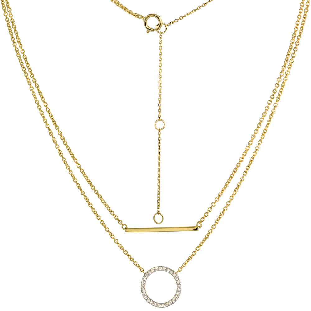 DAINTY 14K YELLOW GOLD DIAMOND KARMA CIRCLE AND BAR DOUBLE LAYERED NECKLACE FOR WOMEN 0.13 CT 16 -18 INCH