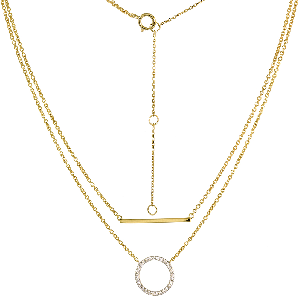 Dainty 14k Yellow Gold Diamond Karma Circle and Bar Double Layered Necklace for Women 0.13 ct 16 -18 inch