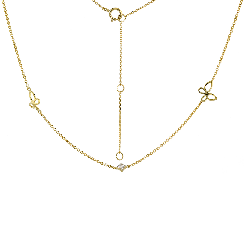 Dainty 14k Yellow Gold Genuine Diamond & Butterfly Station Necklace 16-18 inch