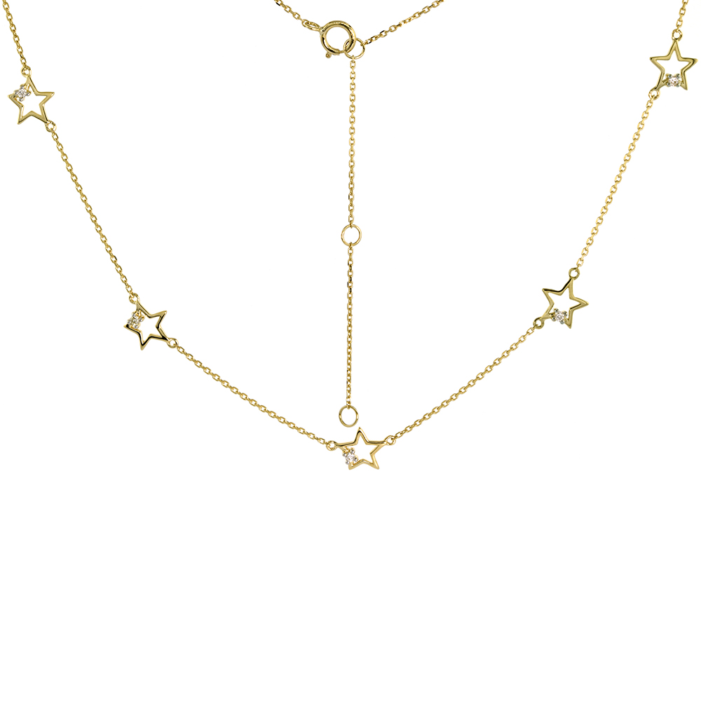 Dainty 14k Yellow Gold Diamond Star Station Necklace 16-18 inch