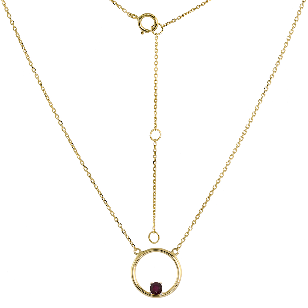 14k Yellow Gold Open Circle Necklace Karma Circle of Life Genuine Ruby 16-18 inch