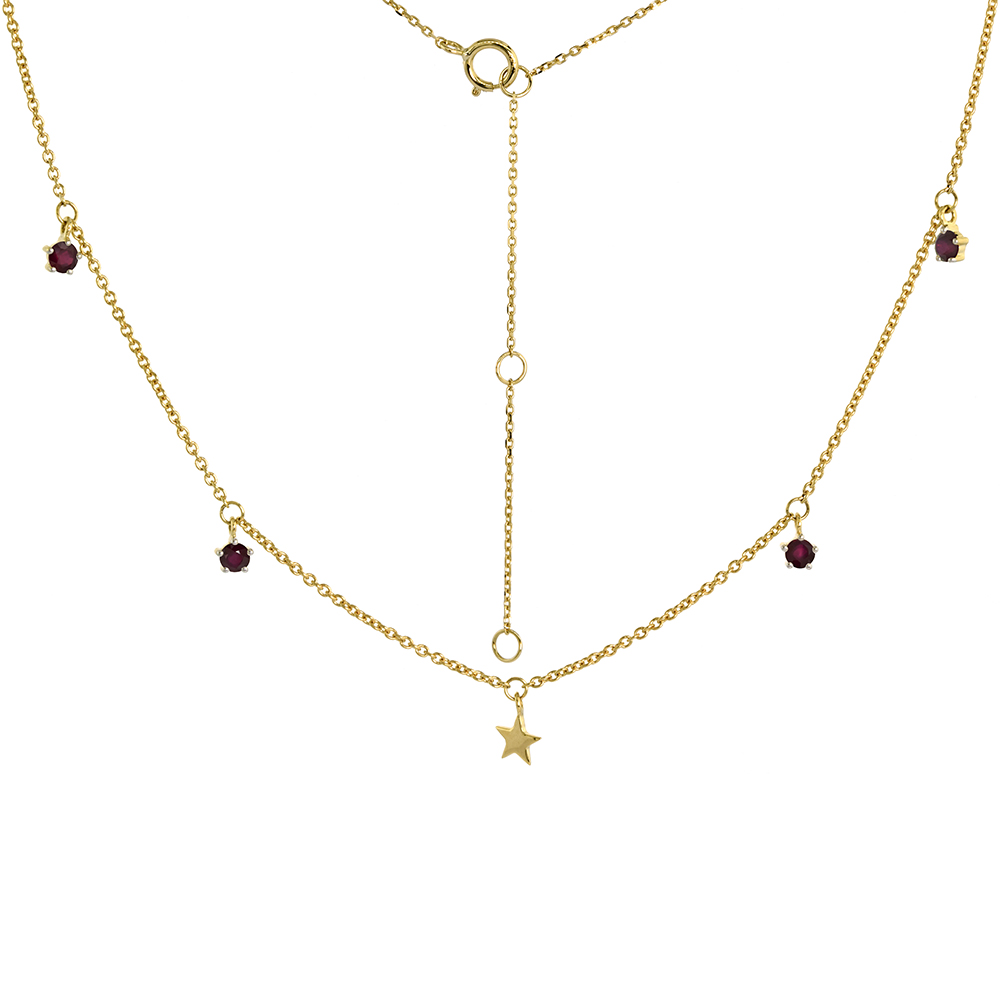 DAINTY 14K YELLOW GOLD DANGLING STAR NECKLACE GENUINE RUBY 16-18 INCH