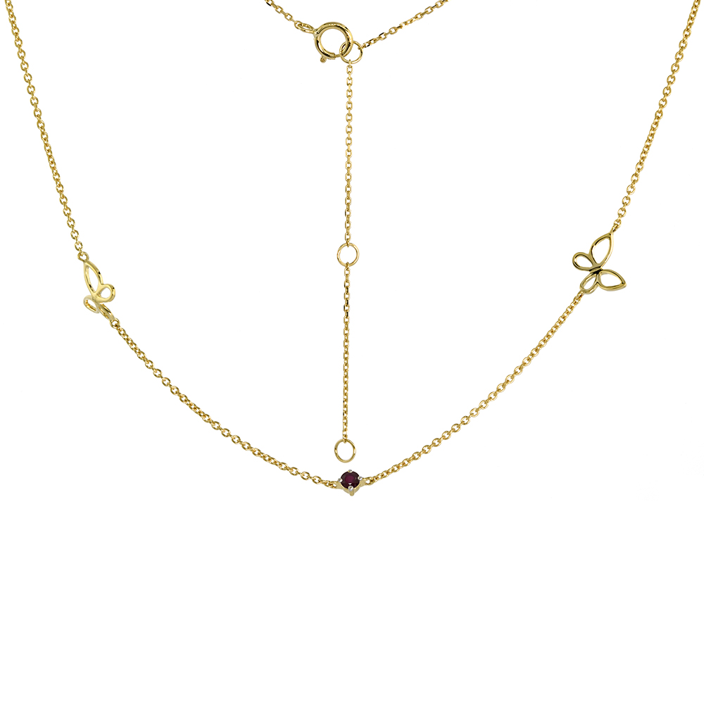 DAINTY 14K YELLOW GOLD GENUINE RUBY & BUTTERFLY STATION NECKLACE 16-18 INCH