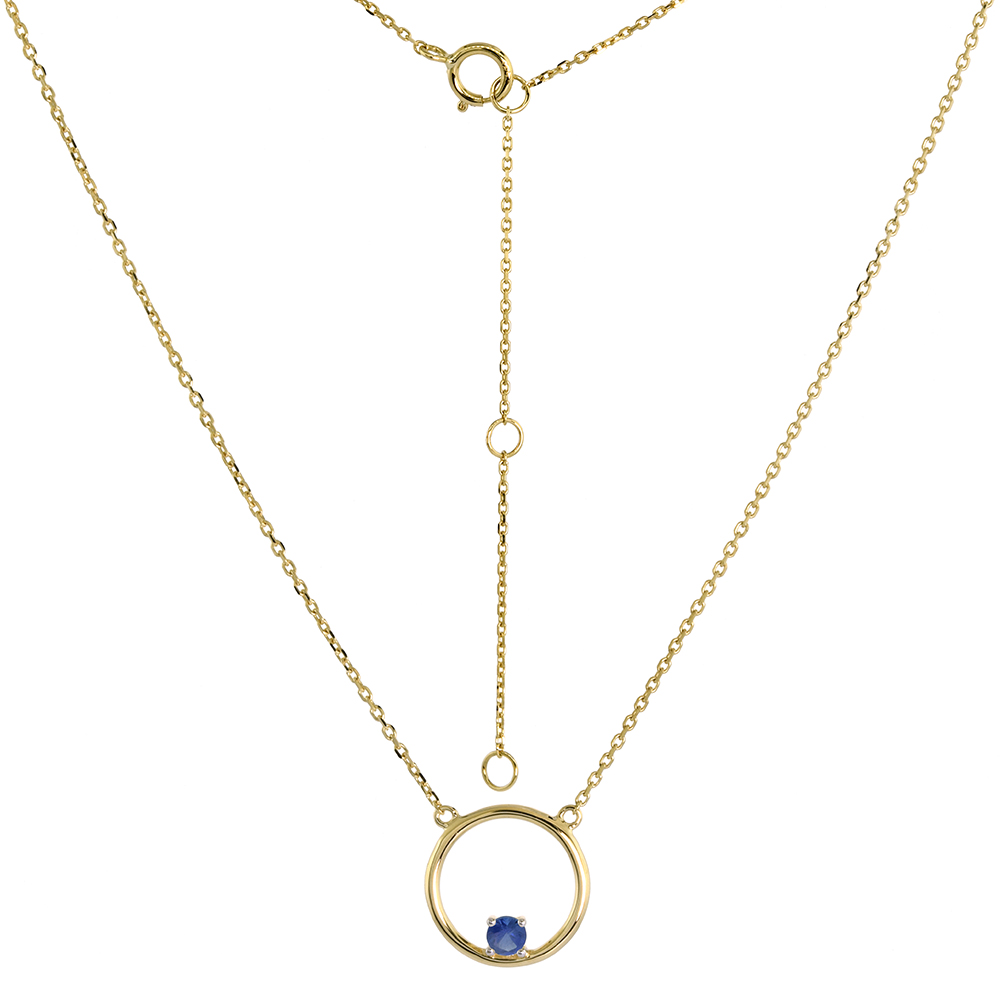 14K YELLOW GOLD OPEN CIRCLE NECKLACE KARMA CIRCLE OF LIFE GENUINE BLUE SAPPHIRE 16-18 INCH