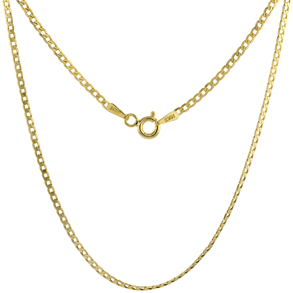 Yellow 14k Gold 2mm Cuban Link Curb Chain Necklace for Women and Men Beveled Edges 16-26 inches