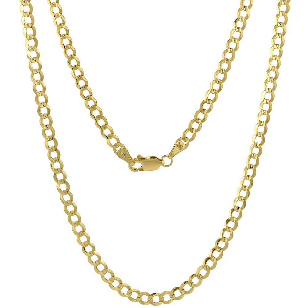 YELLOW 14K GOLD 4MM CUBAN LINK CURB CHAIN NECKLACES AND BRACELETS FOR MEN AND WOMEN CONCAVED CENTER BEVELED EDGES 7-28 INCH