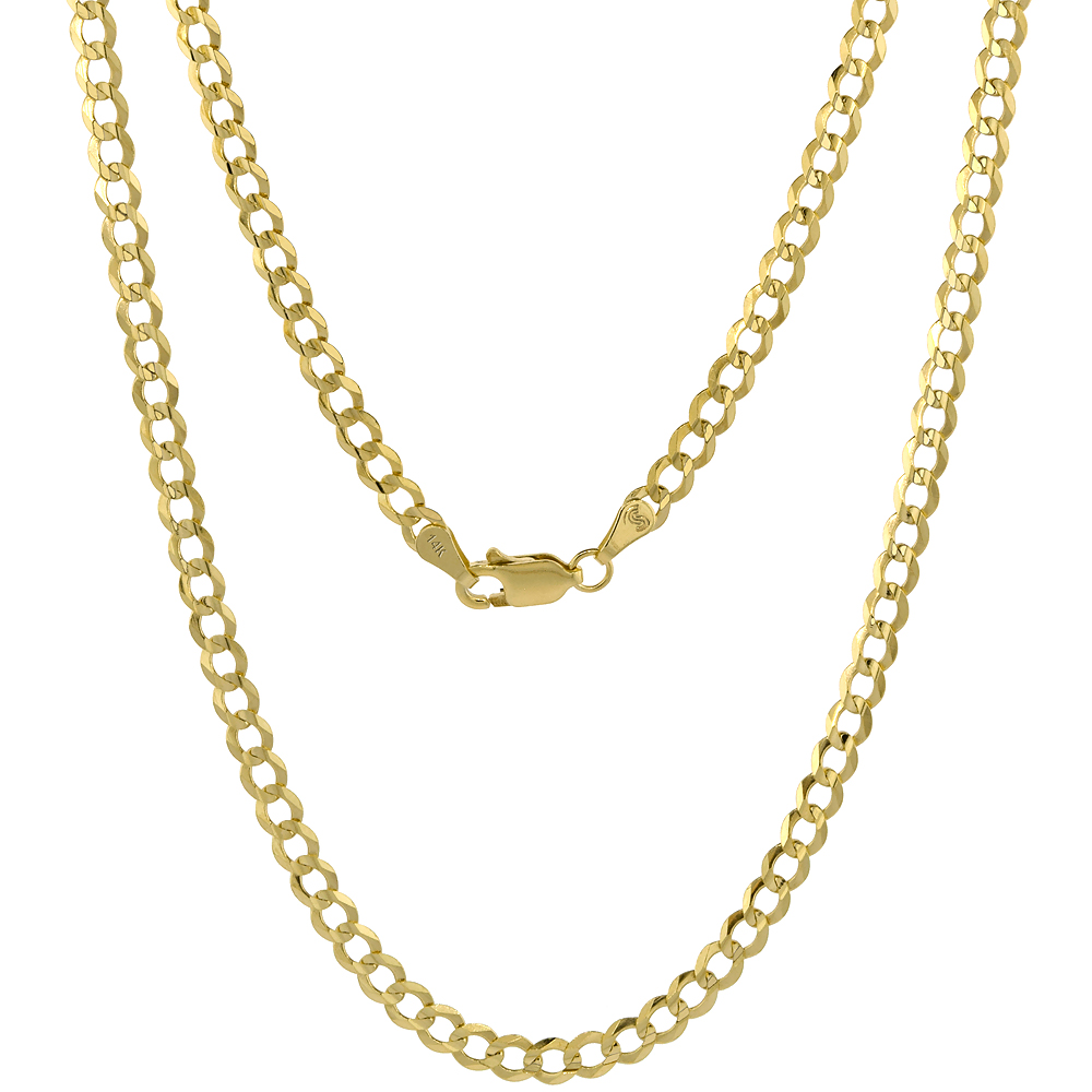 Yellow 14k Gold 4mm Cuban Link Curb Chain Necklaces and Bracelets for Men and Women Concaved Center Beveled Edges 7-28 inch