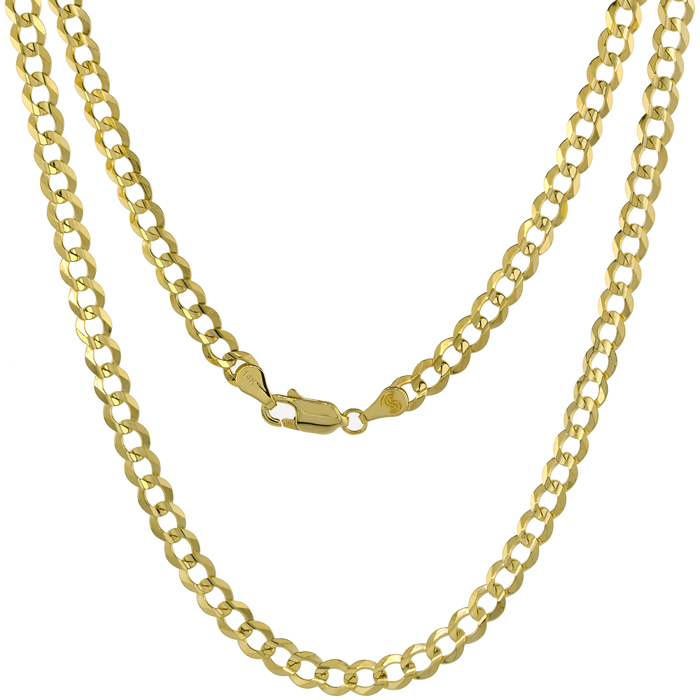 YELLOW 14K GOLD 5MM CUBAN LINK CURB CHAIN NECKLACES AND BRACELETS FOR MEN AND WOMEN CONCAVED CENTER BEVELED EDGES 20-30 INCH