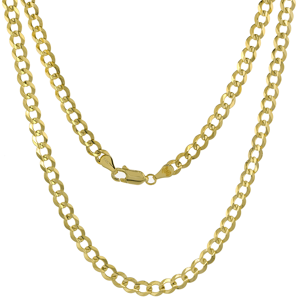 Yellow 14k Gold 5mm Cuban Link Curb Chain Necklaces and Bracelets for Men and Women Concaved Center Beveled Edges 20-30 inch
