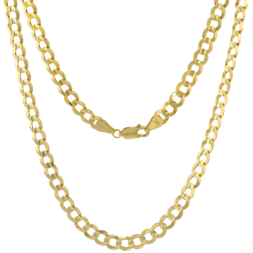 Yellow 14k Gold 5.5mm Cuban Link Curb Chain Necklaces and Bracelets for Men and Women Concaved Center Beveled Edges 20-30 inch