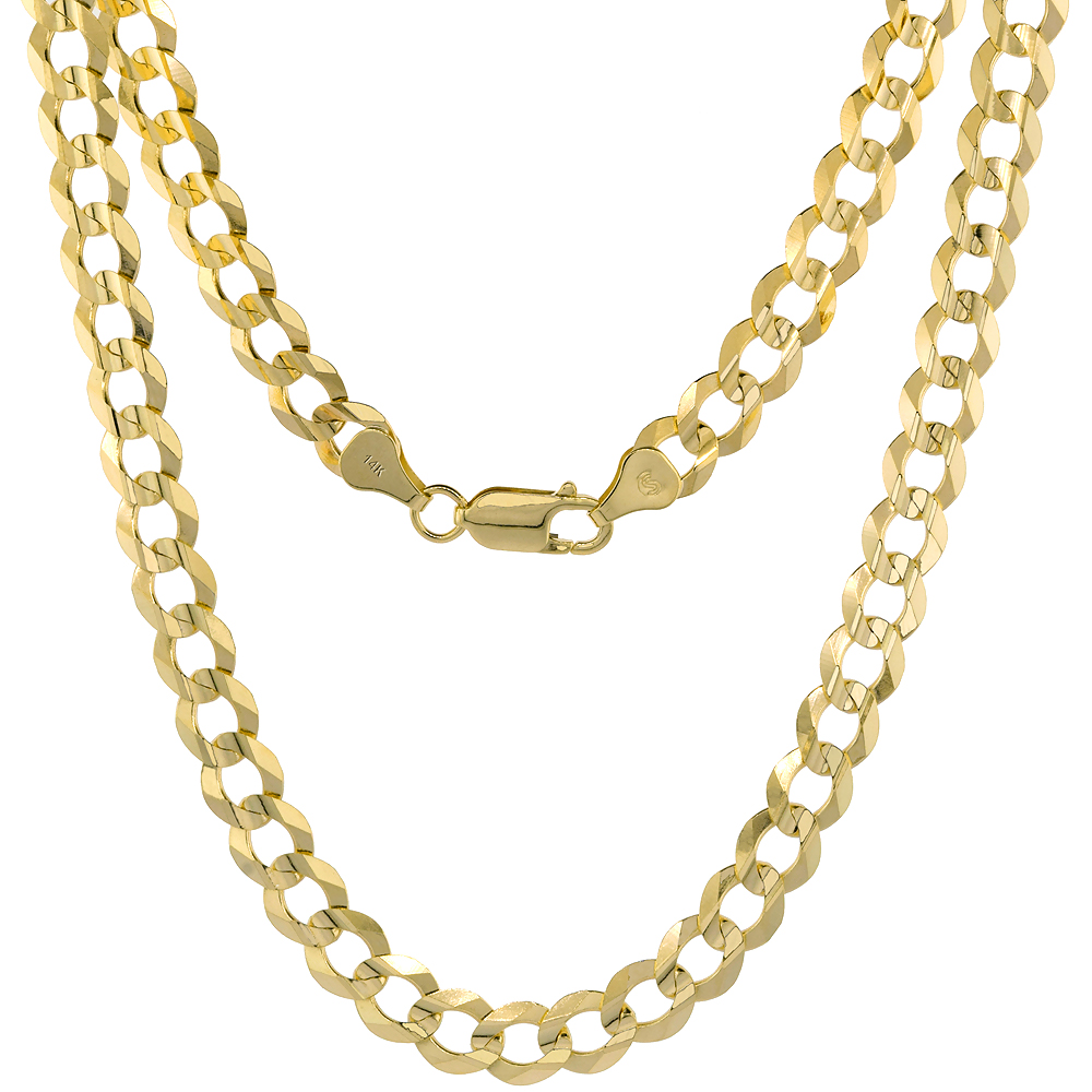Yellow 14k Gold 7.5mm Cuban Link Curb Chain Necklaces and Bracelets for Men and Women Concaved Center Beveled Edges 20-30 inch
