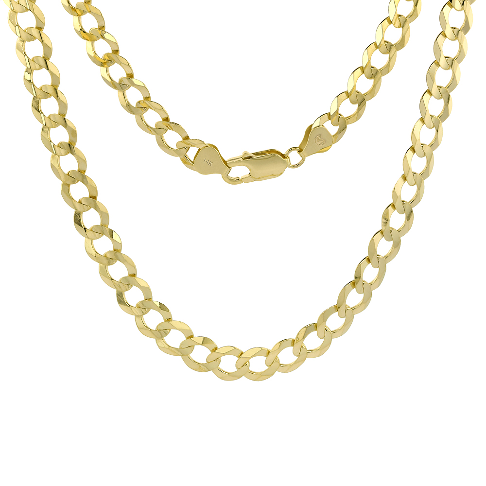 Yellow 14k Gold 8.5mm Cuban Link Curb Chain Necklaces and Bracelets for Men and Women Concaved Center Beveled Edges 8-30 inch
