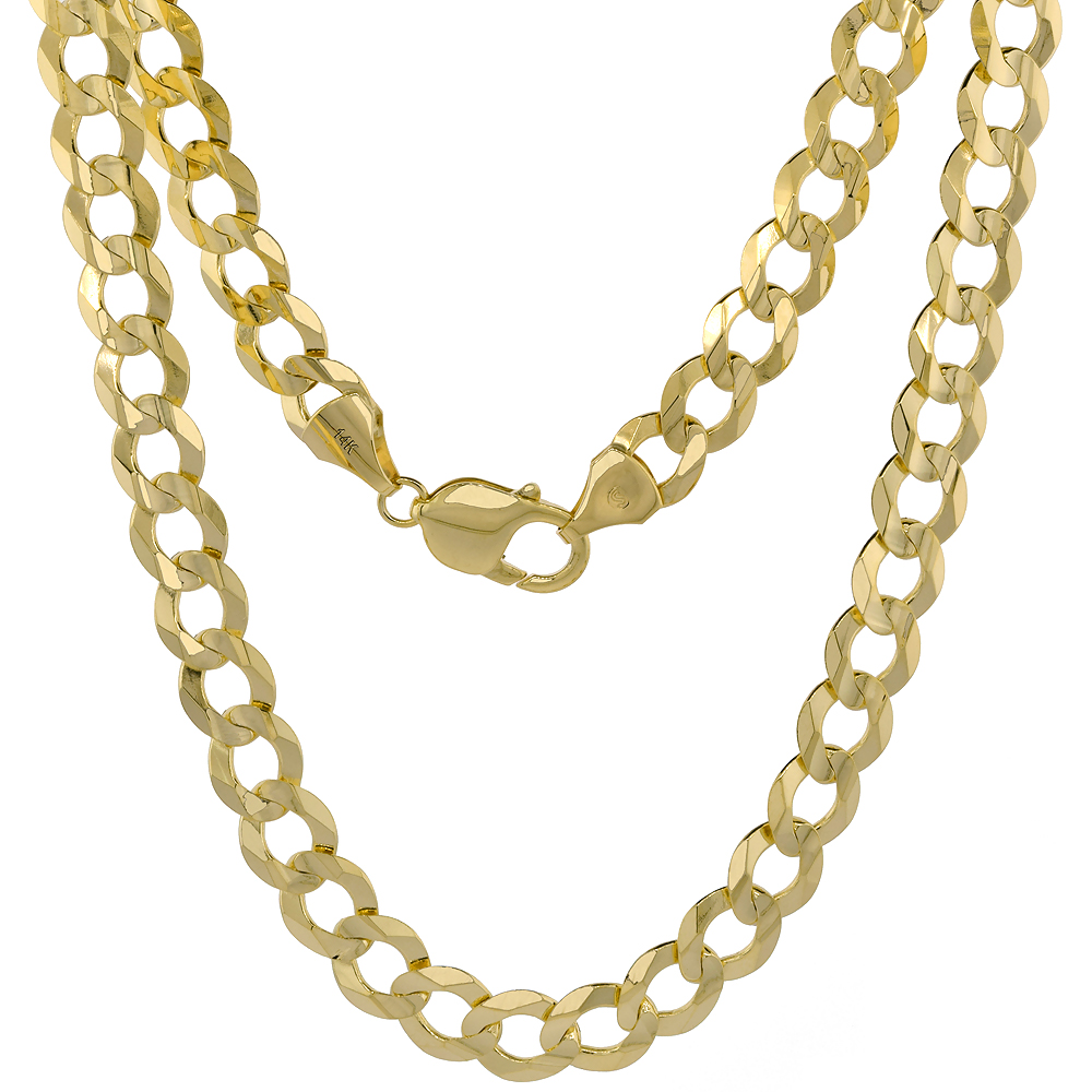 Yellow 14k Gold 9.5mm Cuban Link Curb Chain Necklaces and Bracelets for Men and Women Concaved Center Beveled Edges 8-30 inch
