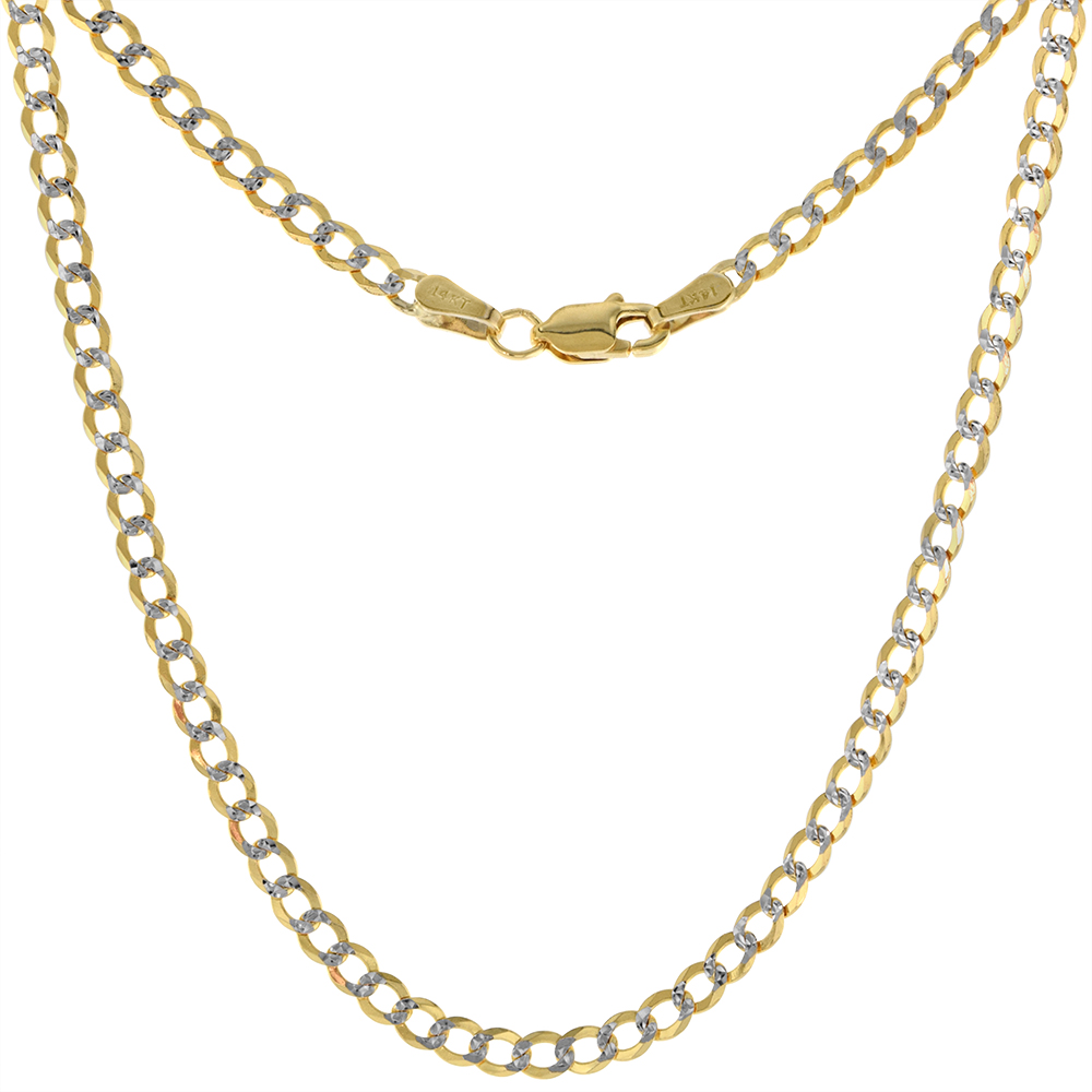 Solid 14k Yellow Gold 3mm Pave Curb Link Chain Necklace & Bracelet for Women Lobster Clasp High Polish 7-26 inch