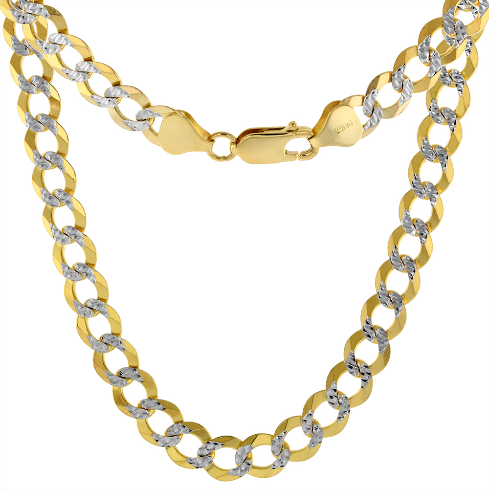 SOLID 14K YELLOW GOLD 7MM PAVE CURB LINK CHAIN NECKLACE & BRACELET FOR MEN LOBSTER CLASP HIGH POLISH 8-30 INCH