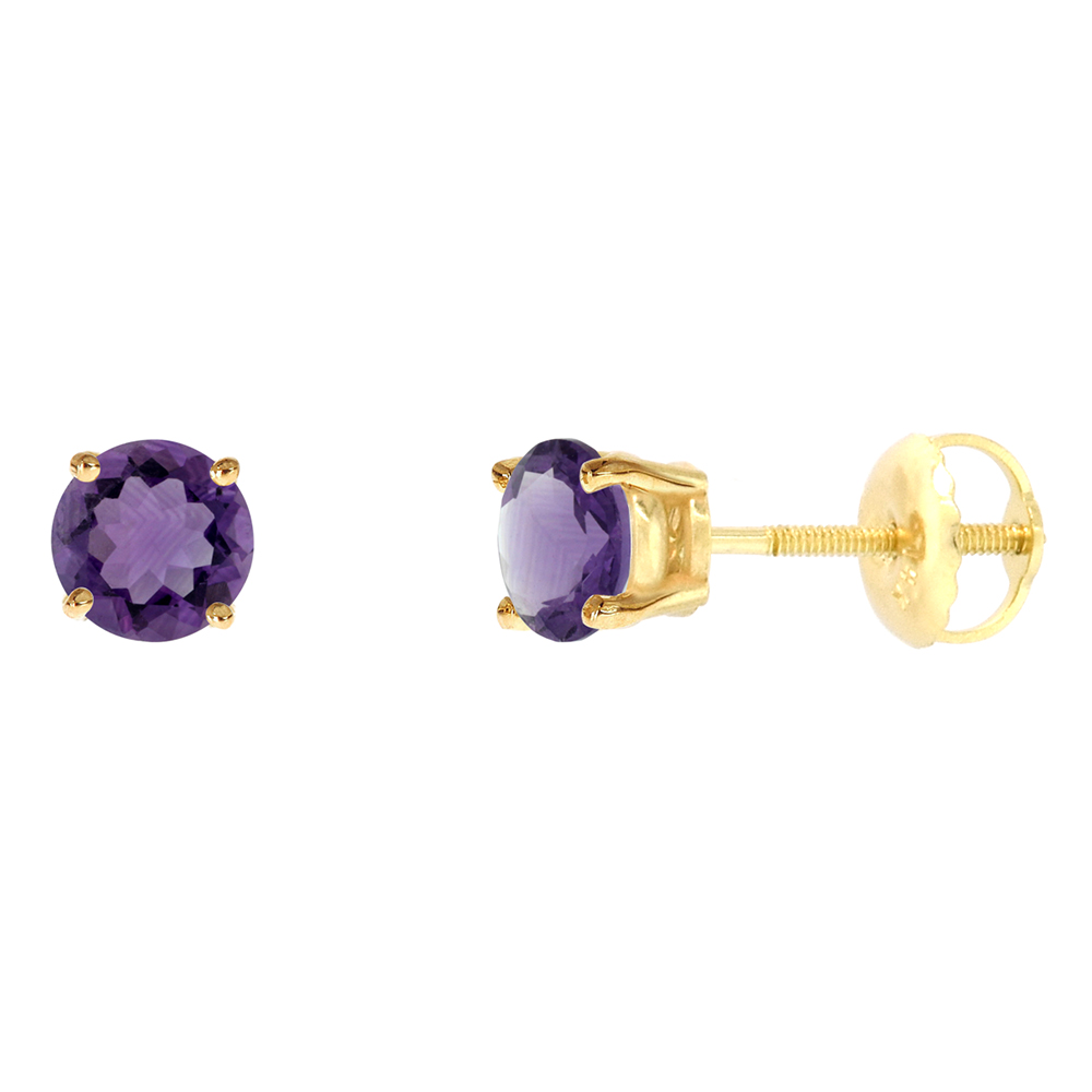 5MM 14K YELLOW GOLD NATURAL AMETHYST STUD EARRINGS SCREW BACK ROUND 1 CTTW/PR