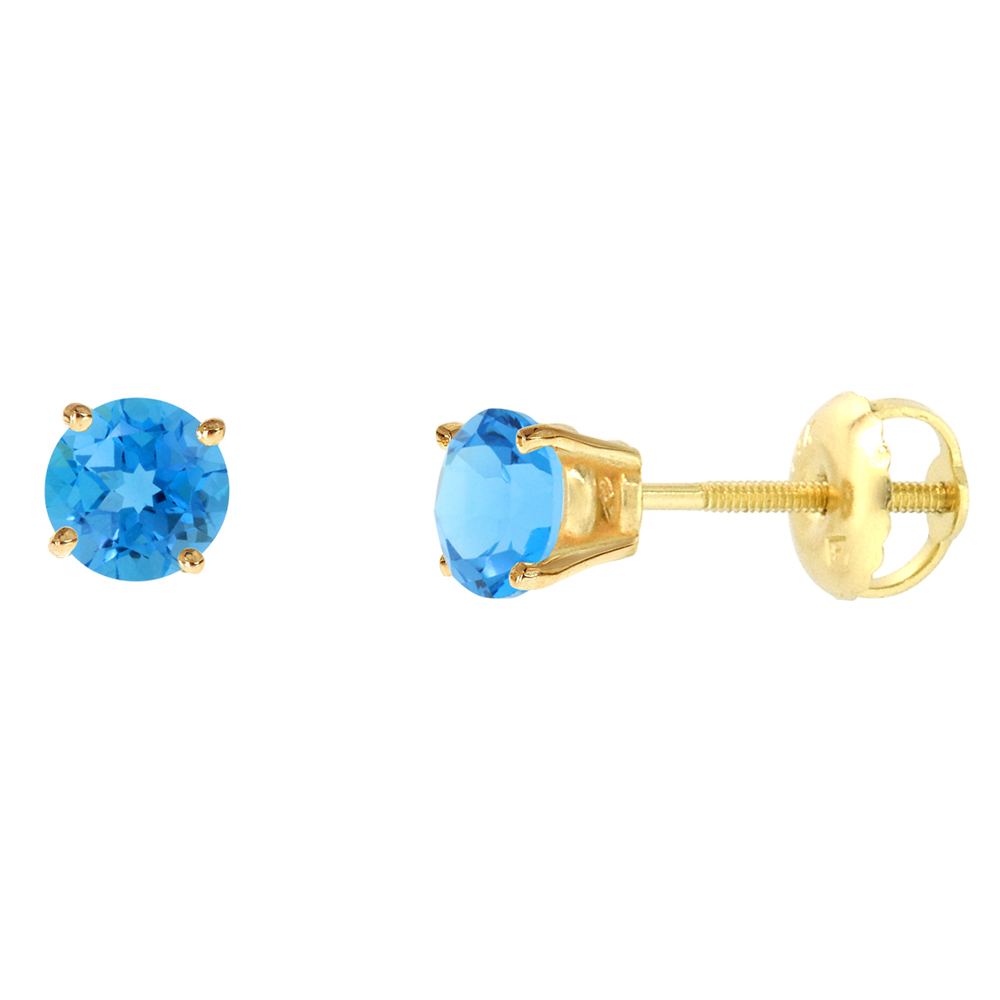 4mm 14k Yellow Gold Natural Swiss Blue Topaz Stud Earrings Screw Back Round 0.5 cttw/pr