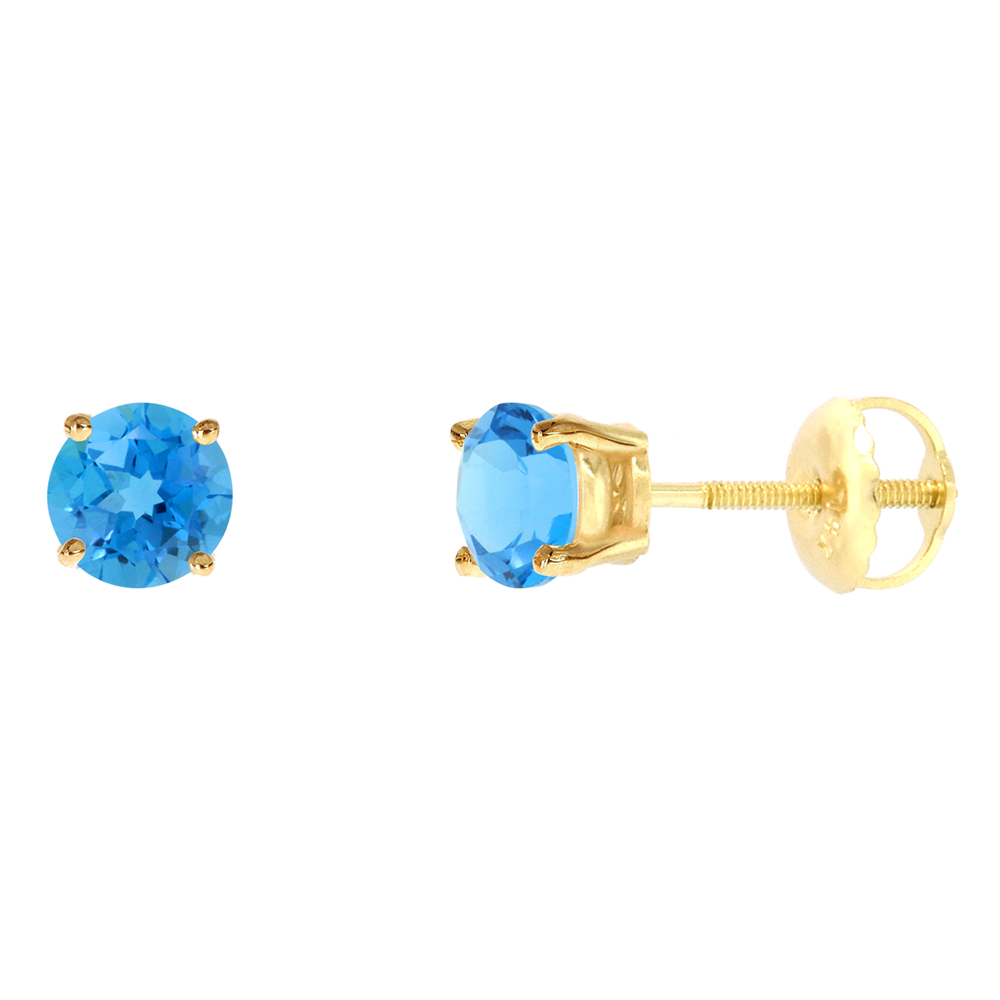 5mm 14k Yellow Gold Natural Swiss Blue Topaz Stud Earrings Screw Back Round 1 cttw/pr