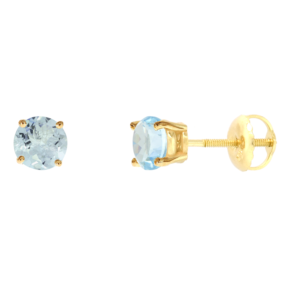 5MM 14K YELLOW GOLD NATURAL AQUAMARINE STUD EARRINGS SCREW BACK ROUND 1 CTTW/PR