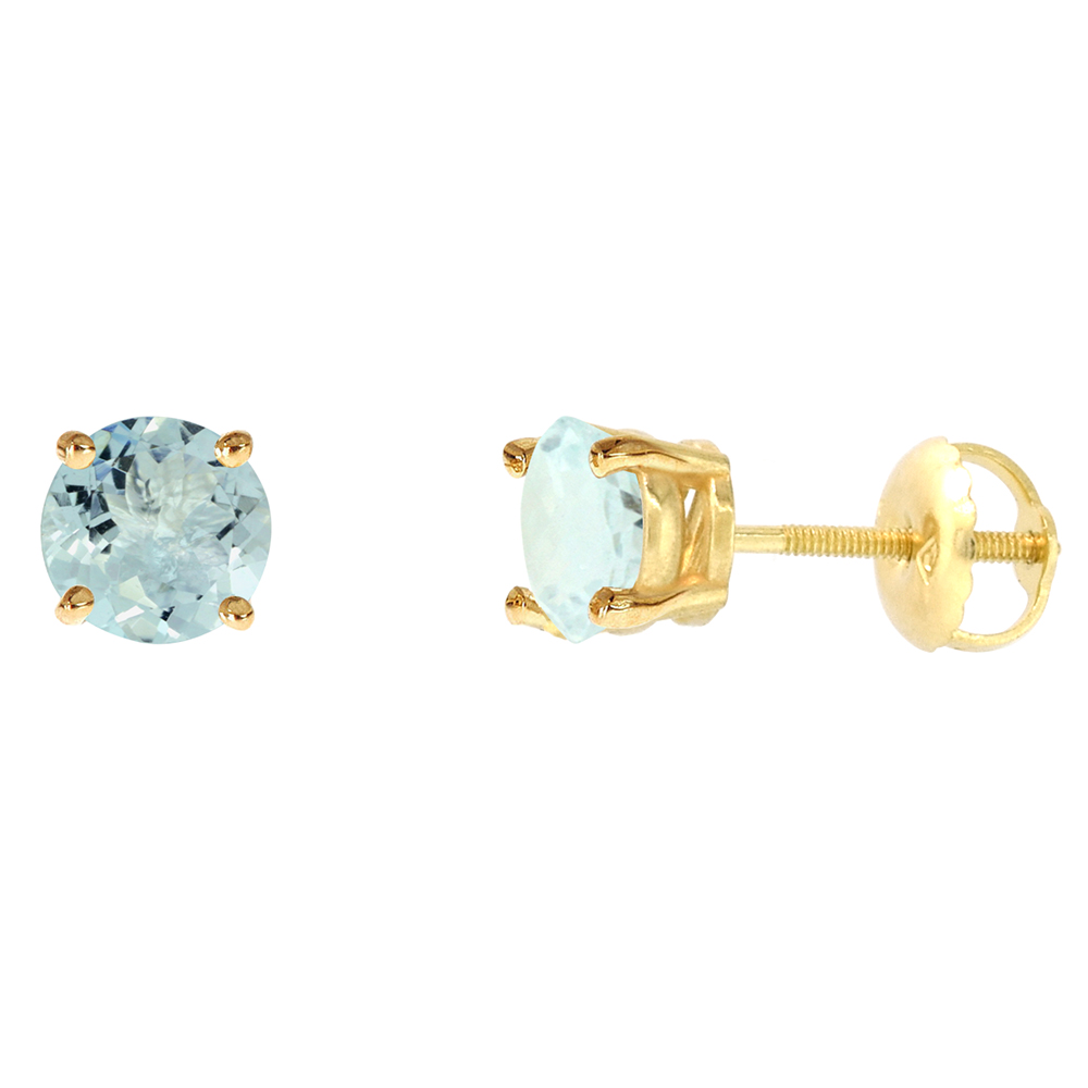 6mm 14k Yellow Gold Natural Aquamarine Stud Earrings Screw Back Round 2 cttw/pr