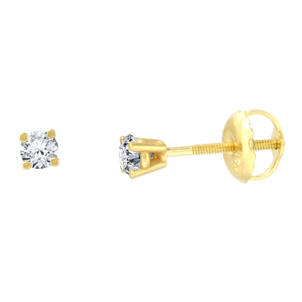 2MM 14K YELLOW GOLD DIAMOND STUD EARRINGS SCREW BACK 4 PRONG BRILLIANT CUT 0.08 CT /PAIR