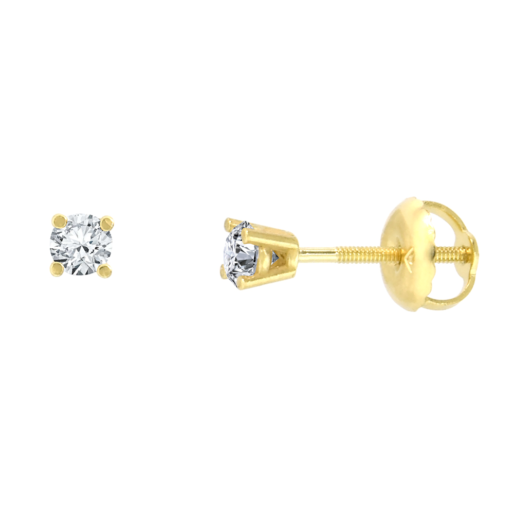 2.25mm 14K Yellow Gold Diamond Stud Earrings Screw Back 4 Prong Brilliant Cut 0.10 ct /pair