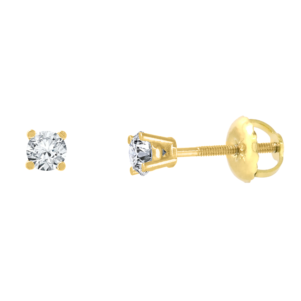 2.5MM 14K YELLOW GOLD DIAMOND STUD EARRINGS SCREW BACK 4 PRONG BRILLIANT CUT 0.14 CT /PAIR