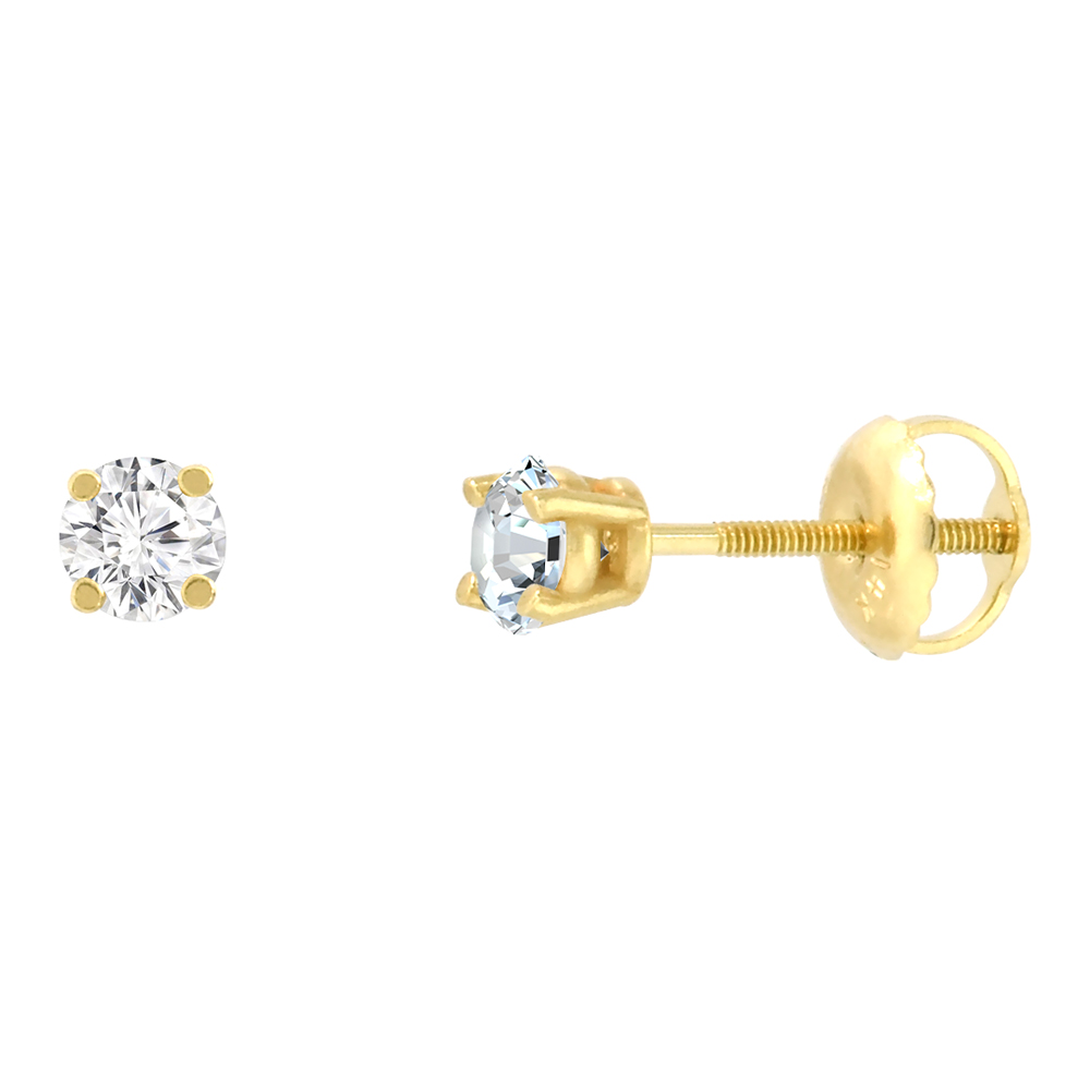 3mm 14K Yellow Gold Diamond Stud Earrings Screw Back 4 Prong Brilliant Cut 0.22 ct /pair