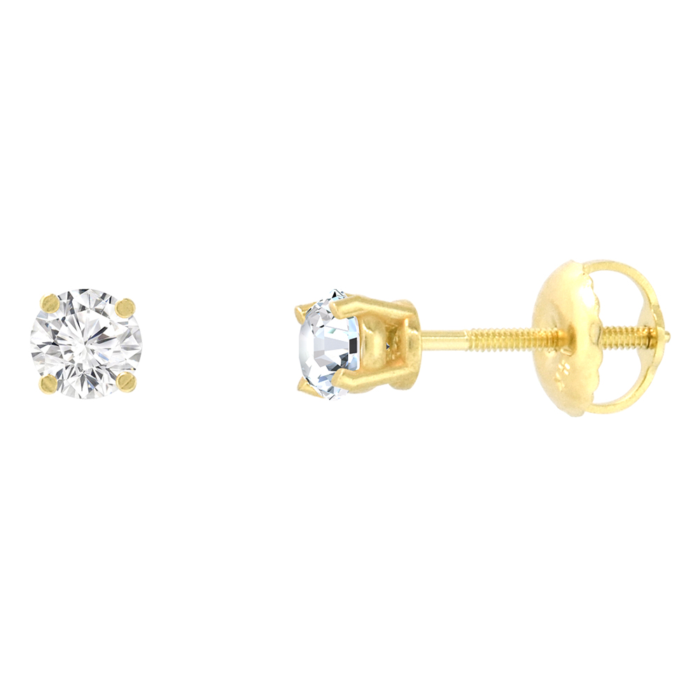 3.5mm 14K Yellow Gold Diamond Stud Earrings Screw Back 4 Prong Brilliant Cut 0.34 ct /pair