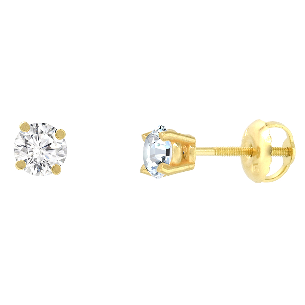 4mm 14K Yellow Gold Diamond Stud Earrings Screw Back 4 Prong Brilliant Cut 0.5 ct /pair