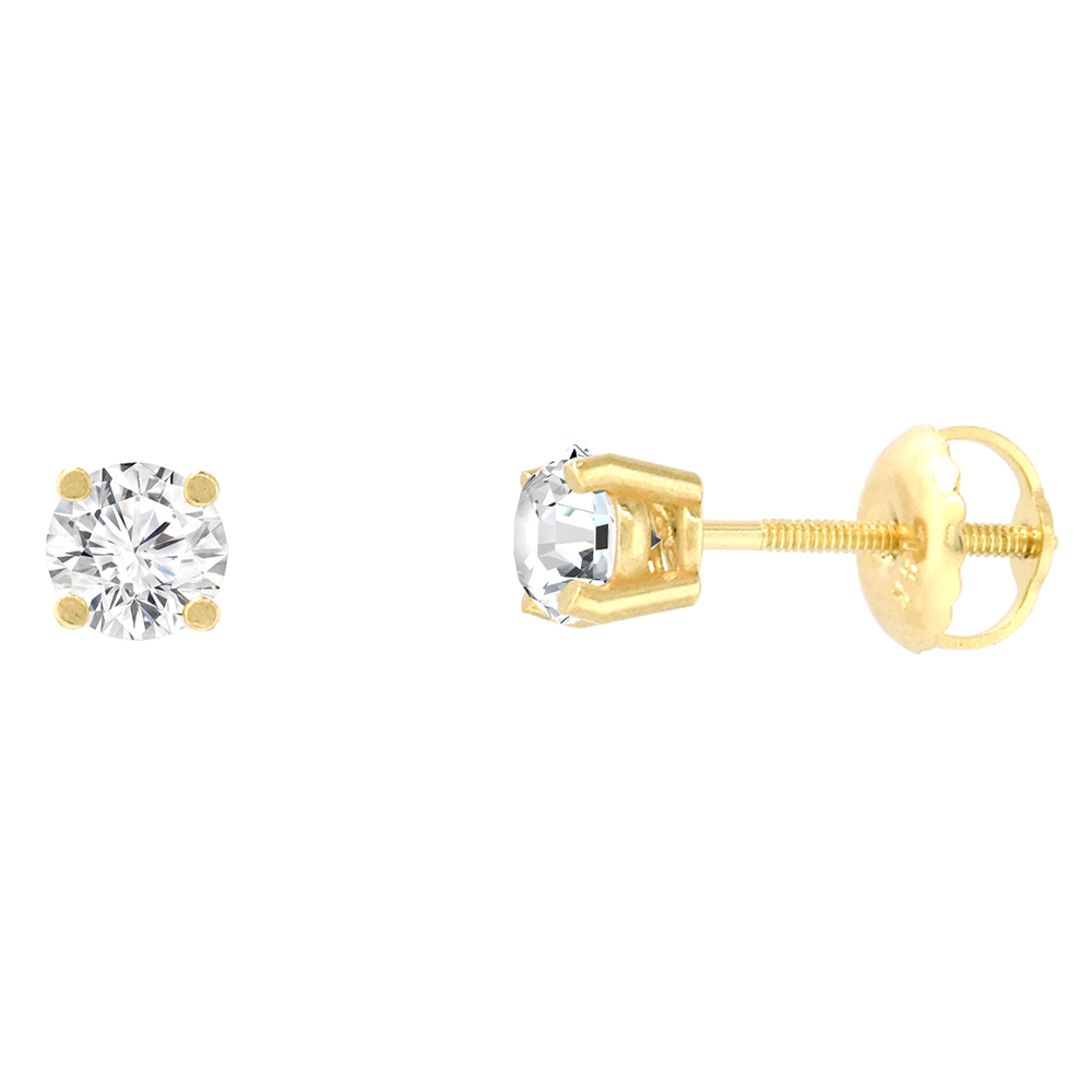 4.5mm 14K Yellow Gold Diamond Stud Earrings Screw Back 4 Prong Brilliant Cut 0.80 ct /pair