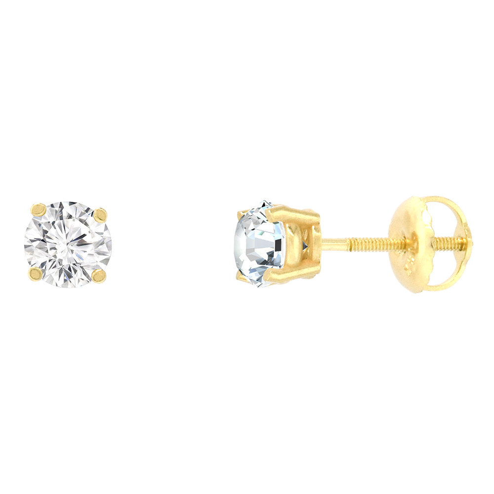 5mm 14K Yellow Gold Diamond Stud Earrings Screw Back 4 Prong Brilliant Cut 1 ct /pair