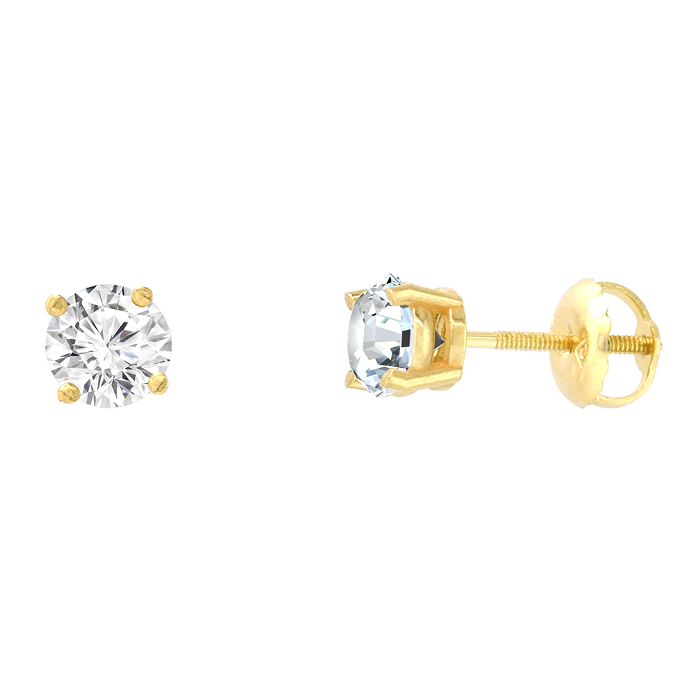 5.5mm 14K Yellow Gold Diamond Stud Earrings Screw Back 4 Prong Brilliant Cut 1.30 ct /pair