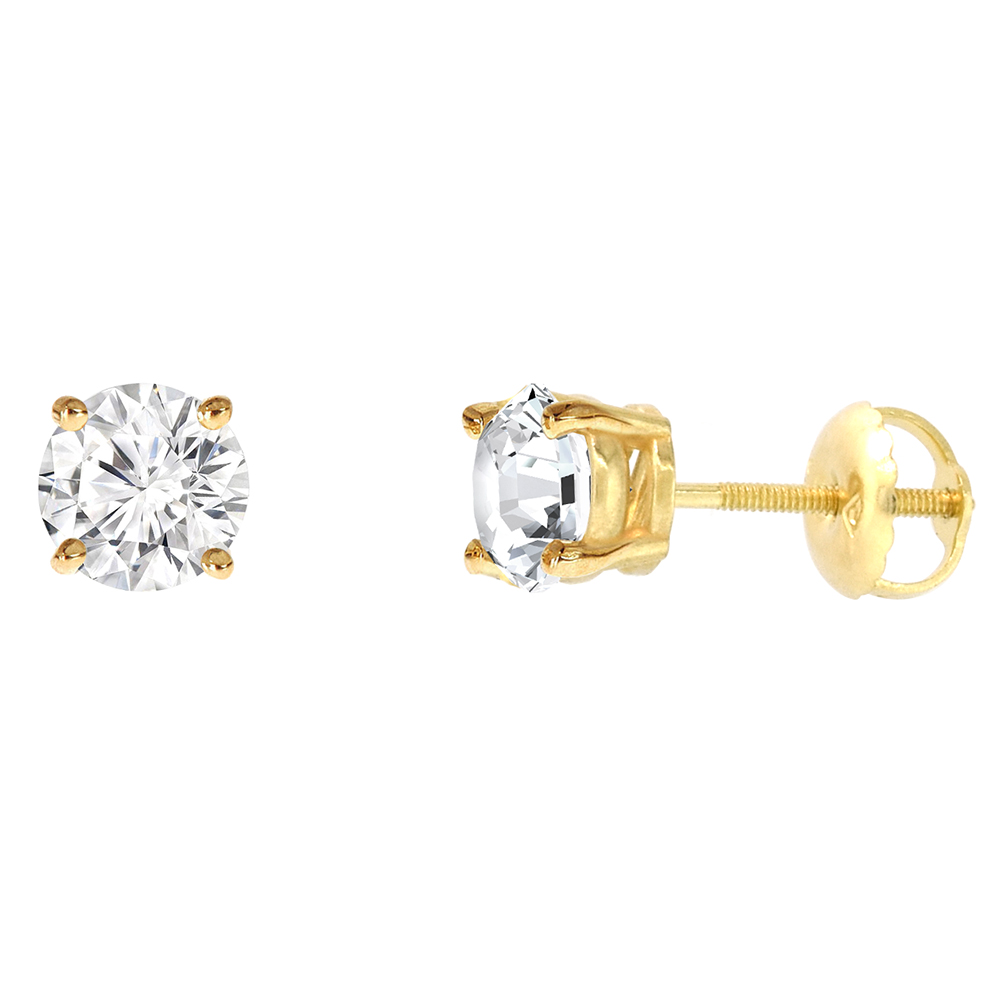 6mm 14K Yellow Gold Diamond Stud Earrings Screw Back 4 Prong Brilliant Cut 1.48 ct /pair