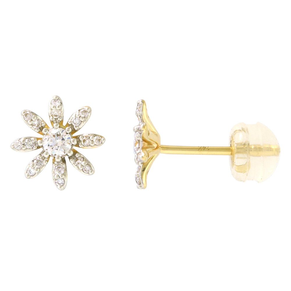 Tiny 14k Yellow Gold Diamond Daisy Flower Stud Earrings for Women 3/16 inch wide 0.26 cttw