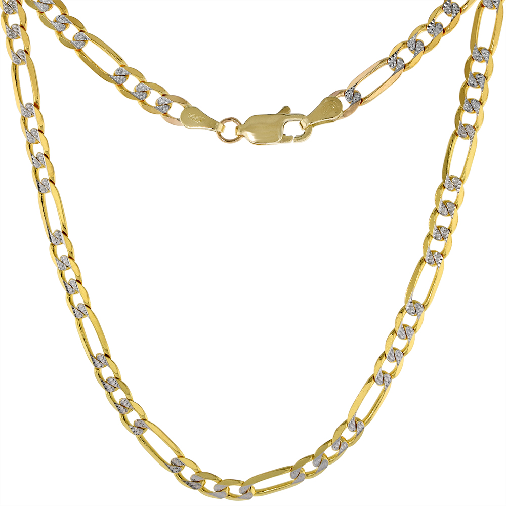 SOLID 14K 2-TONE GOLD PAVE DIAMOND CUT 4MM FIGARO CHAIN NECKLACES & BRACELETS FOR WOMEN & MEN LOBSTER CLASP 8-26 INCH