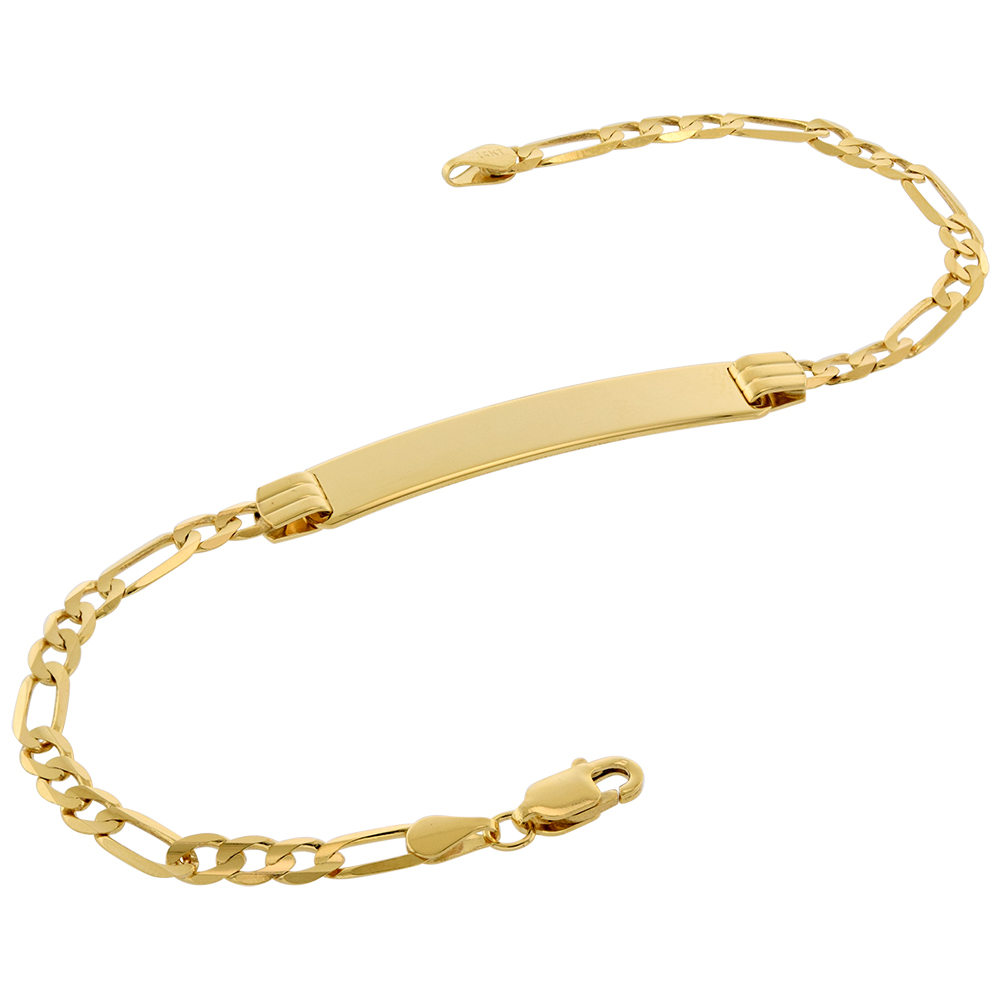 REAL 14K GOLD 7MM ID BRACELETS FOR WOMEN WITH 4MM FIGARO LINK CHAIN SOLID ENGRAVABLE 7-8 INCH