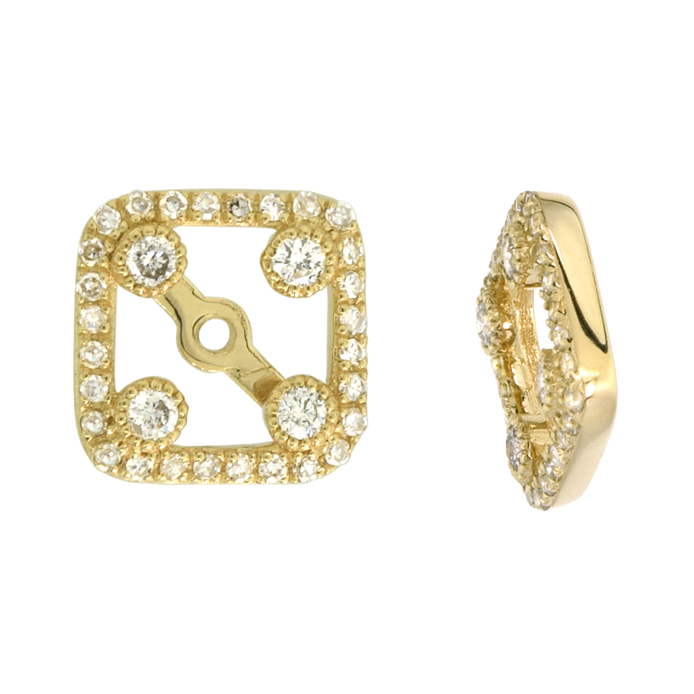 14k Yellow Gold Removable Diamond Halo Jacket for Stud Earrings Square 3/8 inch wide, 0.34 cttw